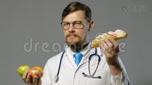 医生，灰色背景白大褂，医学概念视频
