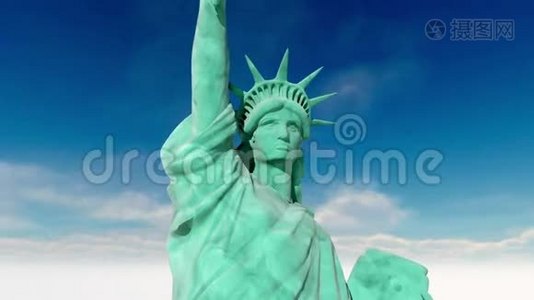 自由女神像。 空中射击。 飞行3D动画。 美国、美国视频