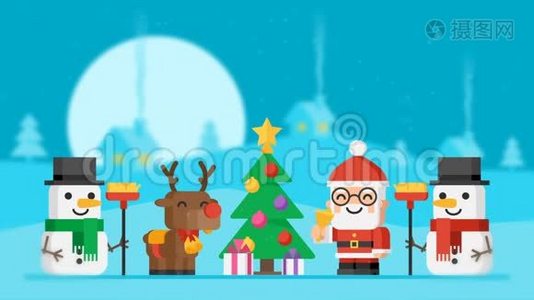 概念圣诞老人、驯鹿、雪人和圣诞树视频