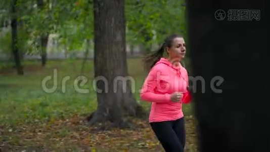 日落时分，一个女人在秋天的公园里奔跑视频