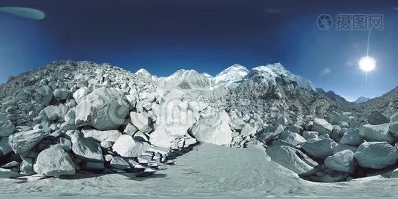 库布冰川珠穆朗玛峰大本营360伏。 哈姆布谷，萨加马塔国家公园，尼泊尔喜马拉雅山。 EBC视频