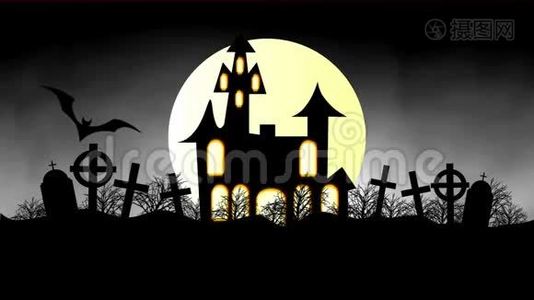 一个幽灵鬼屋和飞行蝙蝠万圣节的动画视频