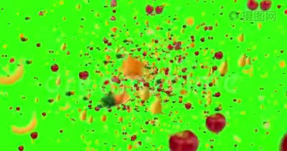 数字水果在绿色屏幕上的旋涡中飞行，颜色关键背景淡出，循环无缝视频