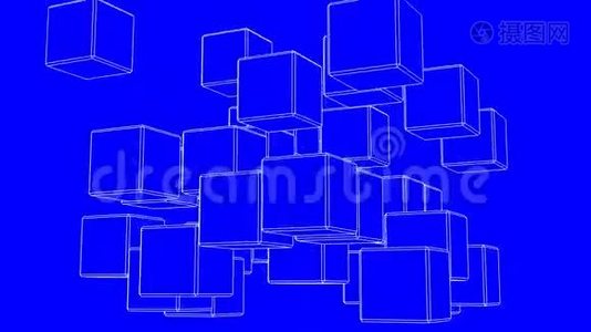 蓝底带环能白线框立方体抽象视频