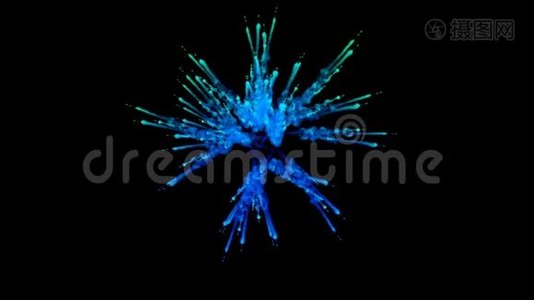 蓝色粉末在黑色背景上爆炸。 粒子三维动画作为彩色背景或覆盖效果视频