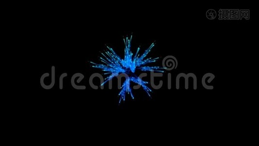 蓝色粉末在黑色背景上爆炸。 粒子三维动画作为彩色背景或覆盖效果视频
