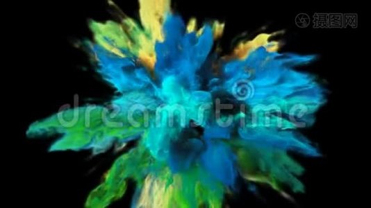 彩色爆炸-彩色蓝绿色烟雾爆炸流体粒子阿尔法哑光视频