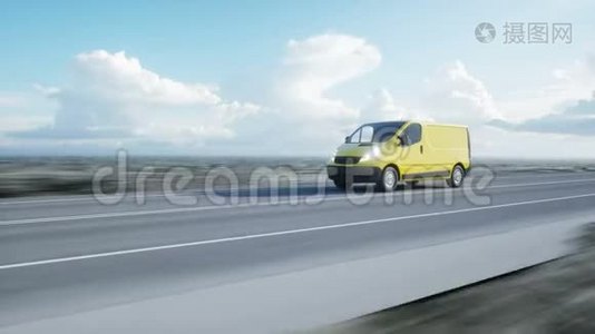 高速公路上的黄色货车。 开得很快。 运输和后勤概念。 现实的4k动画。视频
