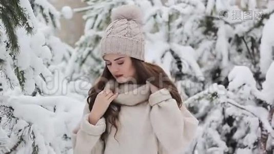 一个美丽的少女在一片白雪皑皑的森林里视频