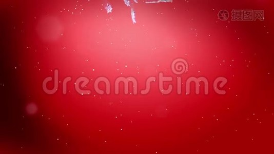闪亮的3d雪花在红色背景下在夜间缓慢地漂浮在空气中。 用作圣诞、新年贺卡视频