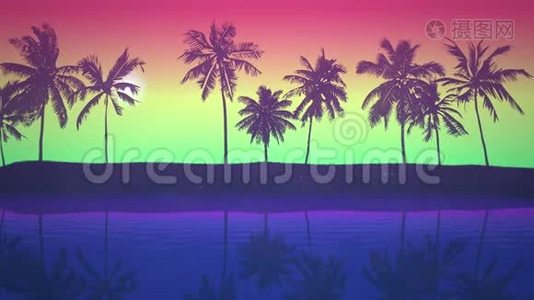 棕榈树和日落的热带景观全景，夏季背景视频