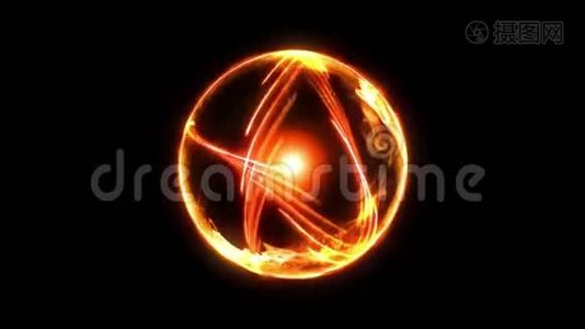 黑色背景上有火焰的等离子火球。 很美的光。 球体形式的发光线。 CG循环动画。视频
