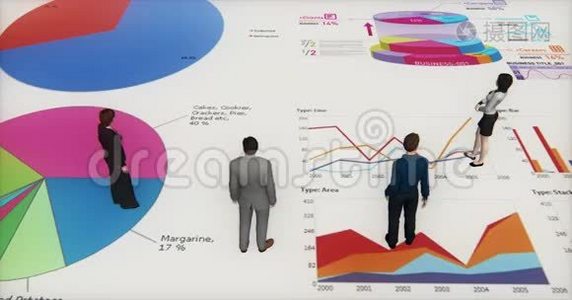 4K业务团队站在财务饼图和股票趋势图上。视频