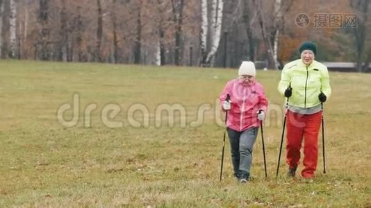 秋天公园里有两位老妇人在秋天寒冷的公园里行走视频