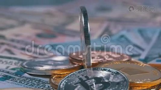 银利托因硬币、LTC和钞票正在旋转视频