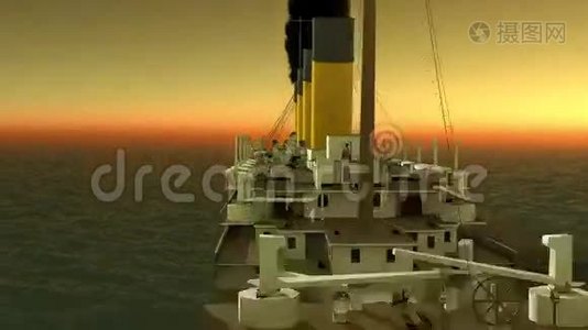 日落时分泰坦尼克号数字帆船在海上航行视频
