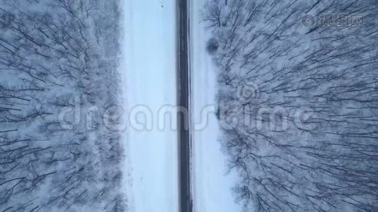 冬季森林道路鸟瞰图.. 冬季景观视频