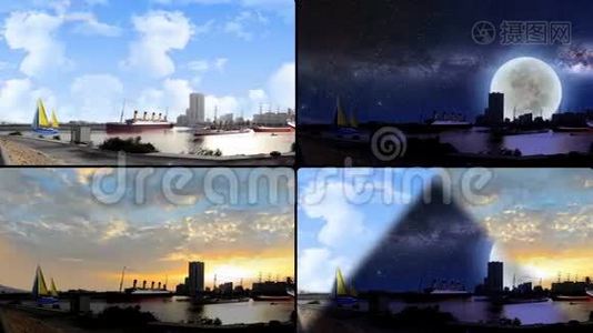 从不同类型的船只在四个屏幕的海滨视频