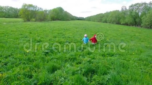 草地上的男孩和小女孩视频