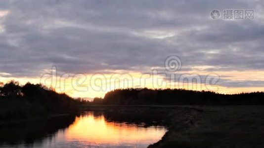 河，日落时分森林中的一个池塘..视频