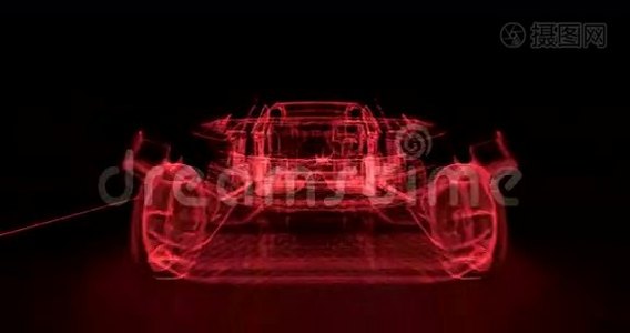 4K未来派红色轿车的抽象动画视频