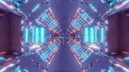 未来科幻飞机库隧道与无尽的发光灯3d渲染设计运动背景直播视频