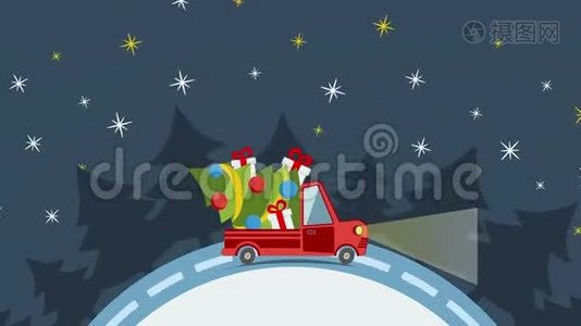 在圣诞节前夕提供带礼品盒包的平板运输卡车视频