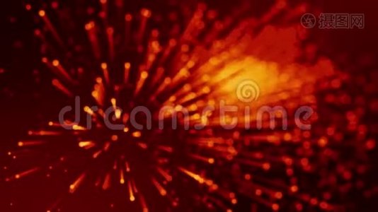 红色黄色发光粒子的4k三维动画漂浮在粘稠液体中，并用光线闪烁。 它是明亮的视频