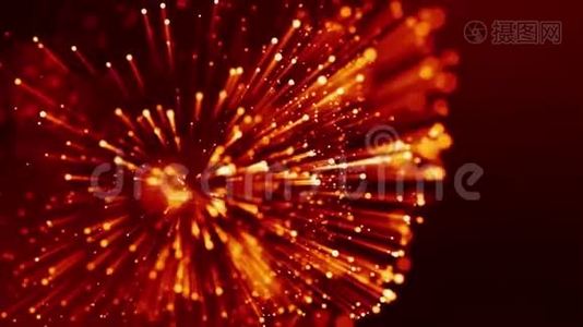 红色黄色发光粒子的4k三维动画漂浮在粘稠液体中，并用光线闪烁。 它是明亮的视频