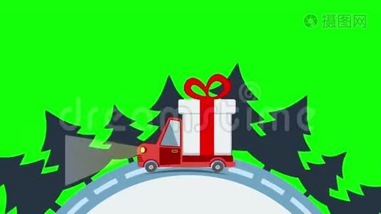 圣诞前夜，提供带礼品盒包装的平板运输卡车视频