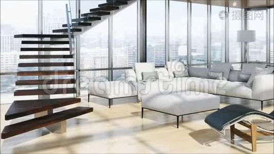 现代明亮的内部公寓客厅配有沙发3D渲染插图视频
