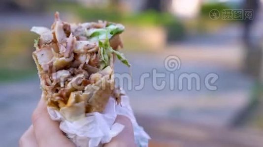 用人类的双手握着Kebab。视频