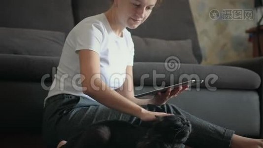 女人用平板电脑抚摸她的猫视频