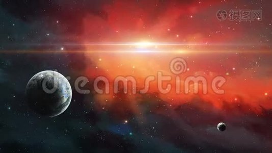 太空场景。 两颗带有红色星云的行星。 美国宇航局提供的元素。 3D绘制视频