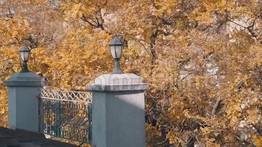 屋顶上的灯笼是黄色叶子的背景视频