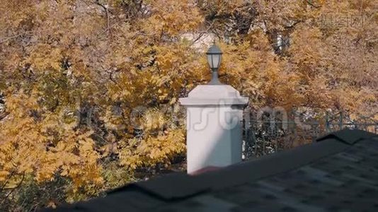 屋顶上的灯笼是黄色叶子的背景视频