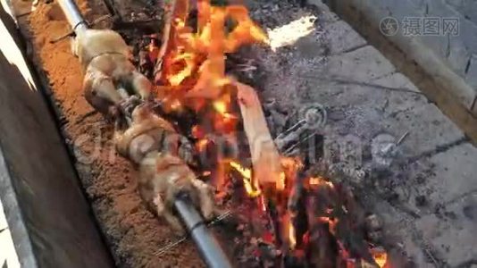 烤鸡和肉在烤架上。 两只吐着唾沫的鸡在烤焦里烤，两只皮塔在烤架上烤，手把它们翻过来视频