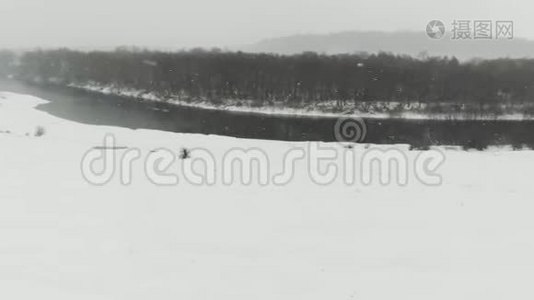 雪河和森林种植全景视频