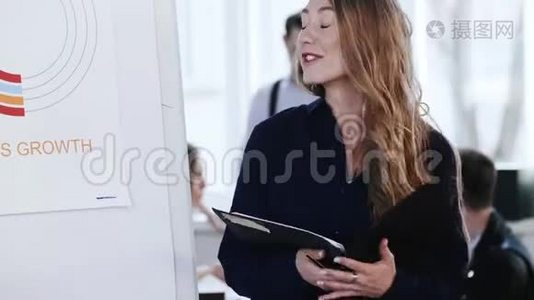 年轻快乐的白种人CEO商务女性，带着公文包在办公室会议上向同事解释财务图表。视频