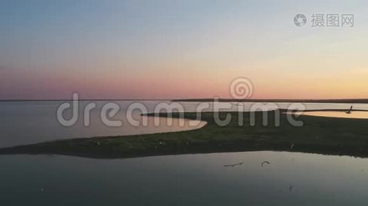 白色的海鸥飞过河上的小岛，日落时从高处拍摄视频