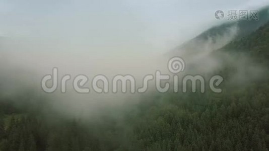 神秘而大雾无人驾驶飞机飞越山林。 中锋视频