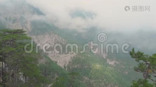 色彩斑斓的山景，绿松环绕，雾霭缭绕，鸟瞰视频