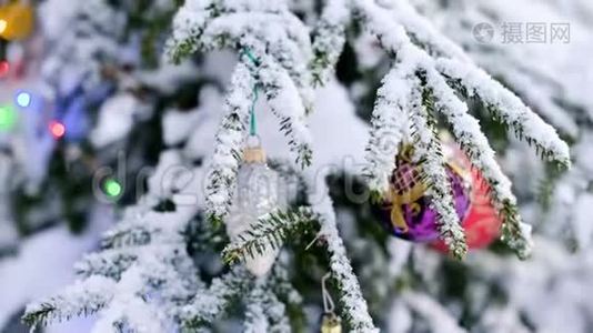 在白雪覆盖`圣诞树的树枝上，圣诞礼物旁边有一条白色丝带视频