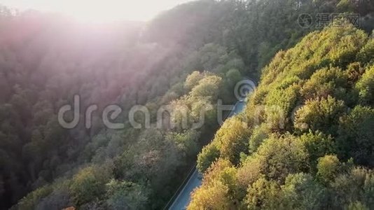 日落时的鸟瞰. 开着一条蜿蜒的山路，在树木和森林之间的山丘上视频