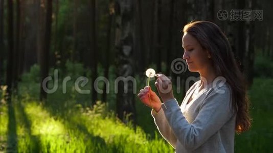 女人在蒲公英种子头上触摸手指花，吹着小花飞走了视频