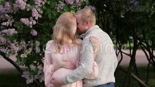 一个穿着粉红色裙子的孕妇正在公园的背景上拥抱她的丈夫。 等待孩子的年轻家庭视频