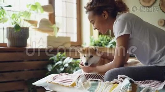 开朗的非裔美国少年漂亮的女孩正依偎着可爱的小狗，在家里坐在床上亲吻它。 大型视频