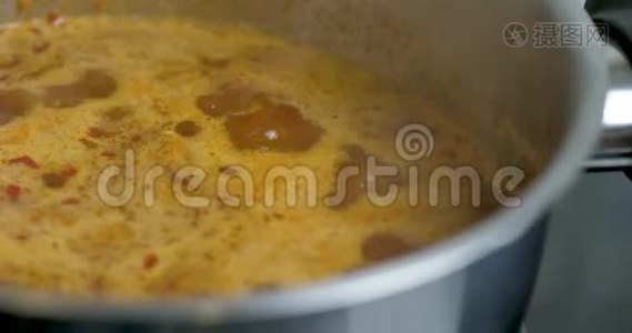 辣椒酱加热后放入锅中煮沸.. 烹饪番茄酱特写。 素食者的食物。 锅中炖蔬菜视频