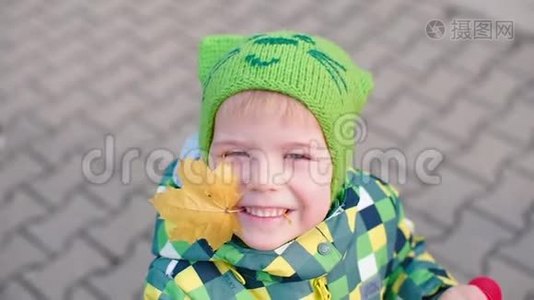 一个穿着绿色衣服的英俊男孩牙齿里长着一片黄色的枫叶。视频