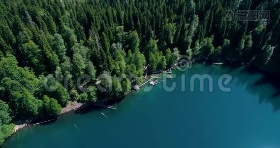 从山顶俯瞰美丽的松林，可以看到马来亚-里萨-阿布哈兹蓝山湖的全景。视频
